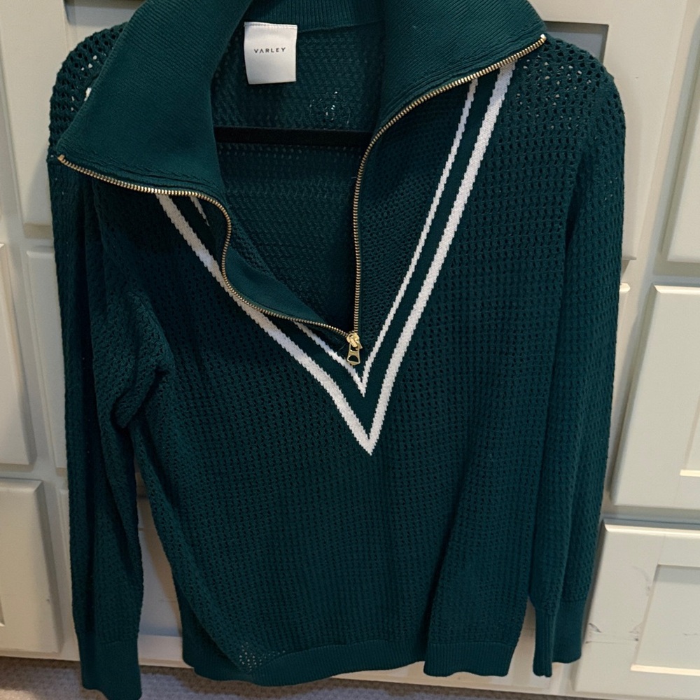 Varley Teal V-Neck Sweater with White Accents